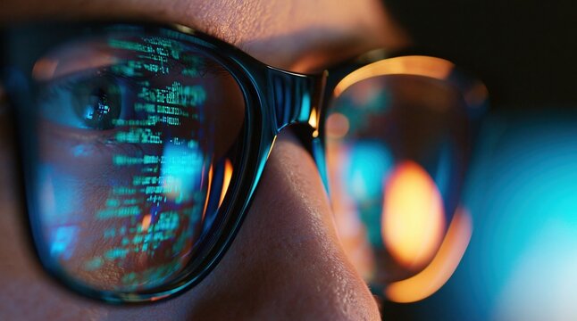 Glasses with computer code reflection representing software developer programming and digital cybersecurity data