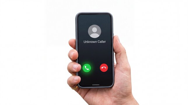 Person holding modern smartphone displaying incoming call from unknown caller on a white background on white background