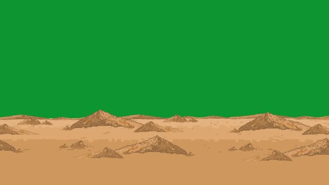 Pixel art style desert dunes background animation for old retro games featuring a green screen background for video editing, chromakey, sand, backdrop.