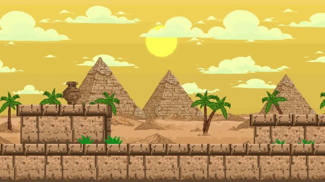 Pixel art style retro game background animation featuring Egyptian pyramids, palm trees and an ancient stone temple under a bright sun, vintage, 2D, loop.