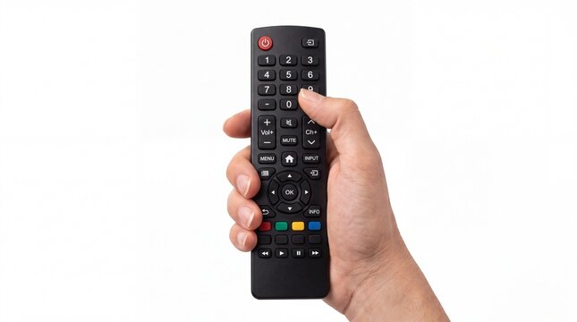 Human hand holding black modern television remote control device isolated on white background