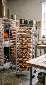 Mobile bakery racks filled with freshly baked rustic bread beside a traditional oven and preparation table, featuring golden crusts, brick surfaces, and a compact artisan production space.