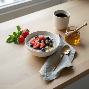 breakfast with coffee and oats with fruits 