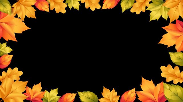 Animated autumn leaf frame featuring colorful red, orange, yellow, and green foliage arranged around the edges with a transparent center. Alpha channel allows easy compositing as a seasonal overlay