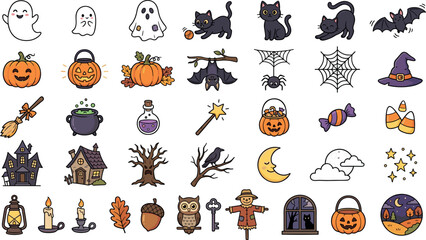 Fototapeta premium Cute Hand Drawn Halloween Element Doodle and Spooky Autumn Vector Set