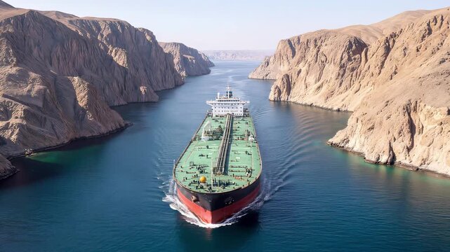 Oil tanker navigating through narrow rocky strait. Industrial cargo ship transporting fuel in deep blue water between steep cliffs. Aerial drone footage.