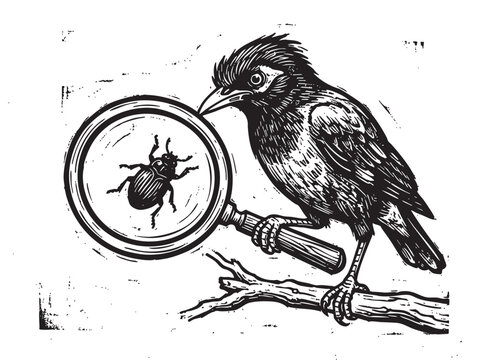 Vintage engraving of bird with magnifying glass examining insect on branch, antique ornithology illustration, antique scientific study, retro zoological artwork