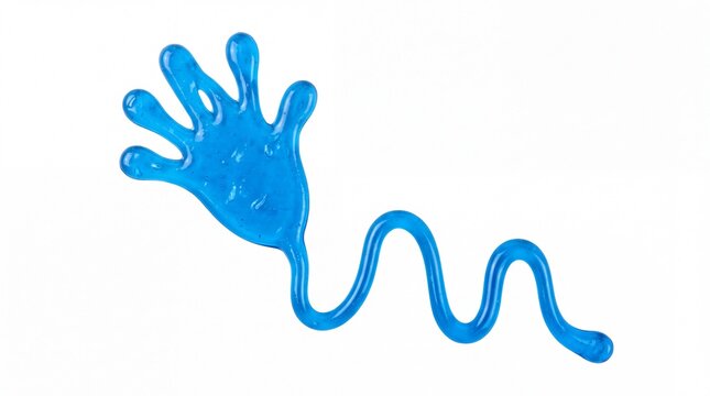 Bright blue sticky slime shaped like a hand with wavy trail isolated on white background