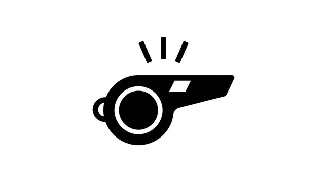 Sports whistle icon representing referee signal or coach instruction in black vector style.