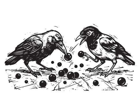 Vintage crows pecking at black seeds illustration. Monochrome engraving style birds. Rough hand-drawn sketch of magpies competing for food. Aesop's fable moral story. Bird design for book cover.