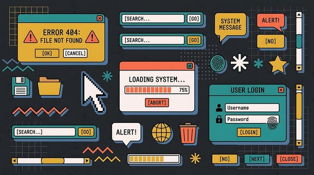 Retro computer interface UI kit with pixel art windows and error message popups