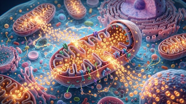 Mitochondrial Energy Production: A vibrant, detailed illustration showcasing the intricate internal structure of mitochondria, the powerhouse of the cell.