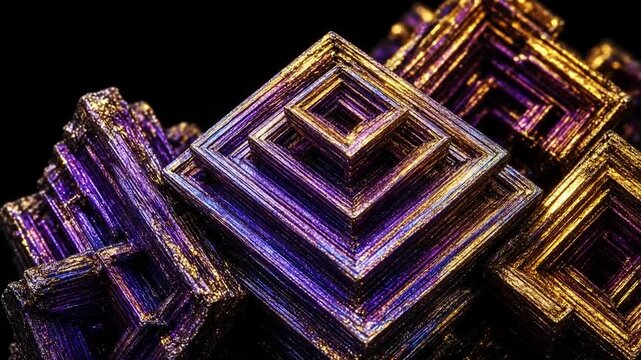 Macro bismuth crystal formation, iridescent geometric stepped pyramid structures, slow growth, static camera, dark background