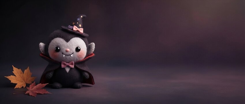 Cute felt vampire toy with witch hat and cape on dark background with autumn leaves. Adorable handmade Halloween decoration for greeting card, party invitation and seasonal design concept