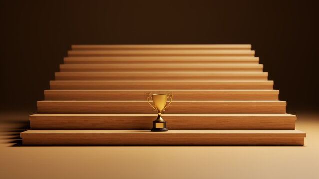 Tiny human figure climbing a long staircase of warm wooden steps toward a bright upper level symbolizing ambition progress career growth persistence and personal achievement