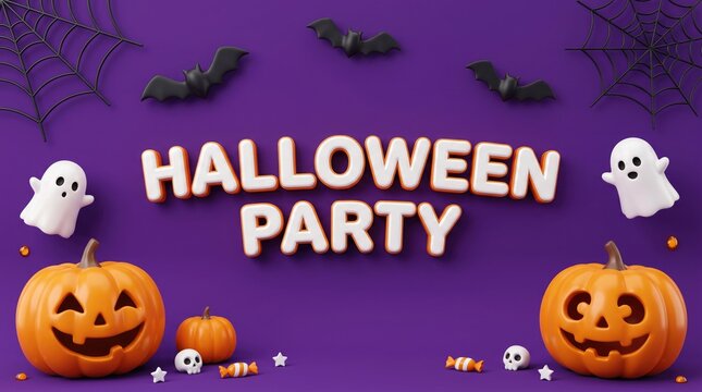 3d render of halloween party background with pumpkins, ghosts, bats, skulls, and spider webs on a purple surface