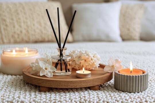 Spa relaxation setting with aromatherapy diffuser and candles on a cozy knitted bed for home wellness tranquility