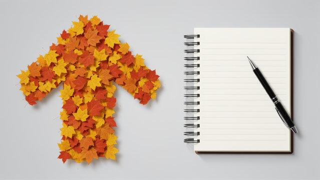 Upward arrow formed from bright autumn leaves beside a simple chart and clock symbolizing seasonal growth positive trends business momentum performance gains and progress