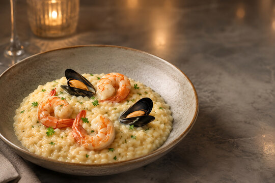 Creamy seafood risotto for elegant restaurant promotion