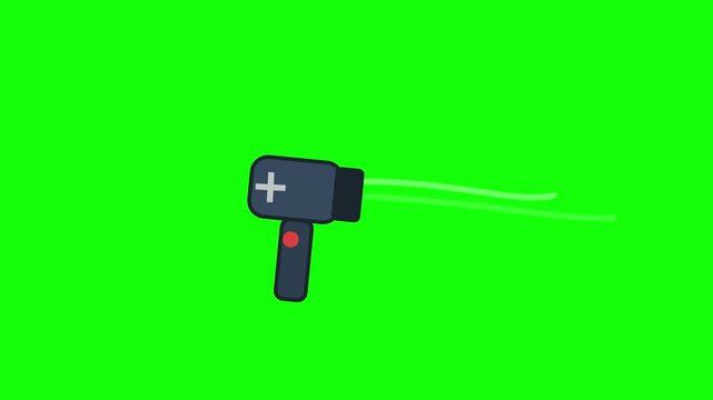 2D Cartoon Illustration of a Futuristic Ray Gun Firing Green Laser Beams on a Solid Green Background Chroma Key Stylized Space Blaster with Red Trigger Button and Dark Blue Body