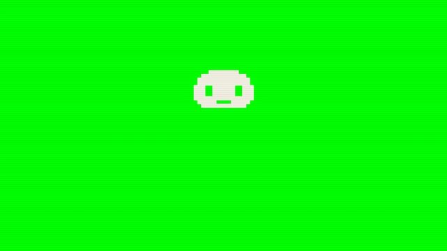 Pixel art animation of a cute white blob character transforming on a bright green background