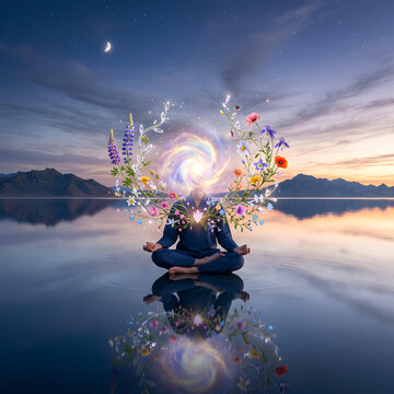 Person meditating cosmic galaxy flowers serene landscape spiritual enlightenment