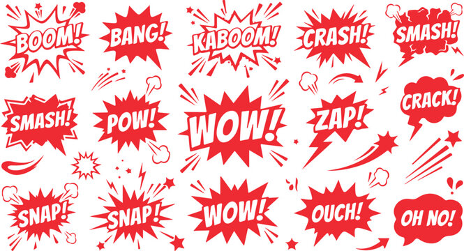 Red comic book speech bubbles with sound effects like boom bang kaboom crash smash wow zap.