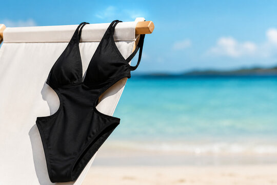 A black monokini draped over a white beach chair by the sea.