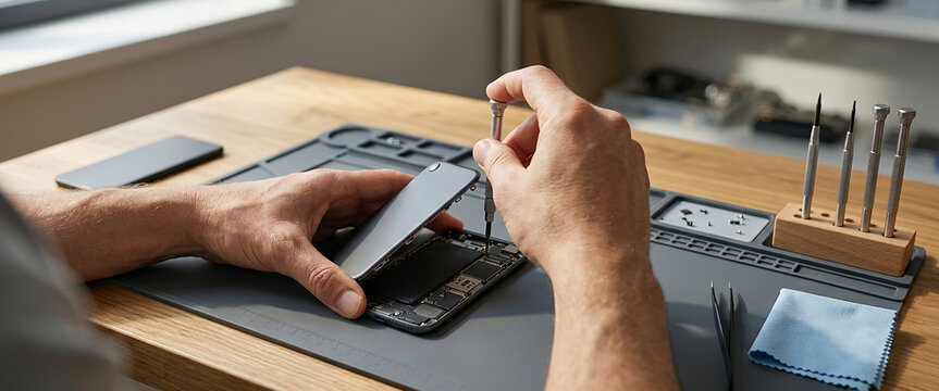 A technician repairs a smartphone on a wooden table, utilizing tools and an organized workspace, demonstrating mobile device maintenance and technology expertise.