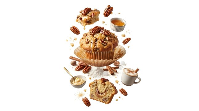 Maple pecan muffin with flying ingredients and nuts isolated on a white background