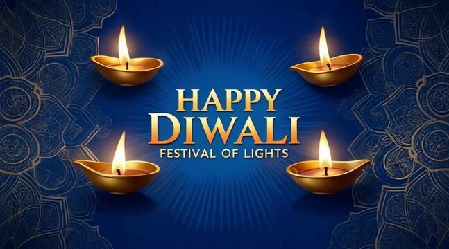 Elegant Happy Diwali Festival of Lights Greeting Banner with Traditional Diyas and Mandala Design
