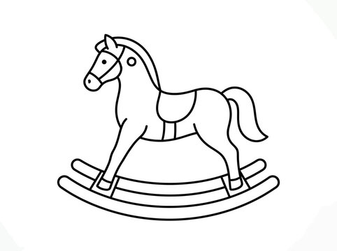 A simple line art drawing of a classic rocking horse toy for children, perfect for nursery decor or playful designs.