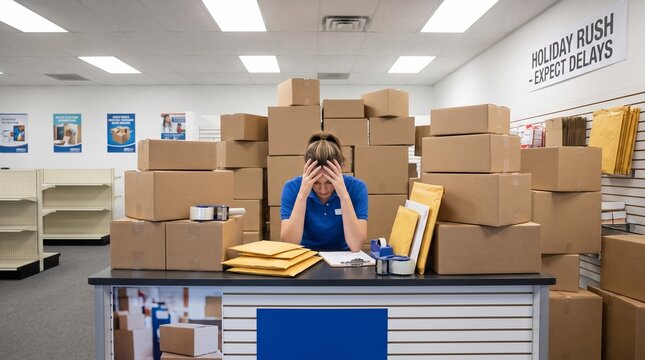 Overwhelmed shipping clerk struggles to manage an enormous stack of parcels and packages during a frantic holiday season, embodying workplace stress