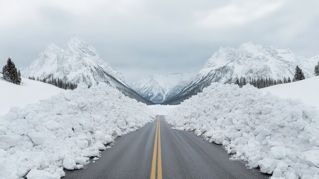 A snow-covered mountain road is flanked by large piles of snow, with dramatic peaks in the background under a cloudy sky.