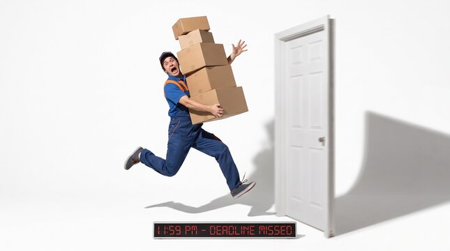 A determined delivery person in uniform sprints with a precarious stack of cardboard boxes, racing against a digital timer, symbolizing urgent and lightning-fast package delivery service