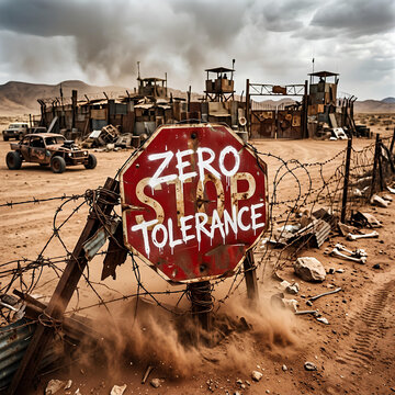 Post apocalyptic wasteland settlement with zero tolerance stop sign and barbed wire fence