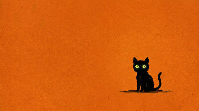 Minimalist black cat with glowing eyes on orange background for Halloween with ample copyspace