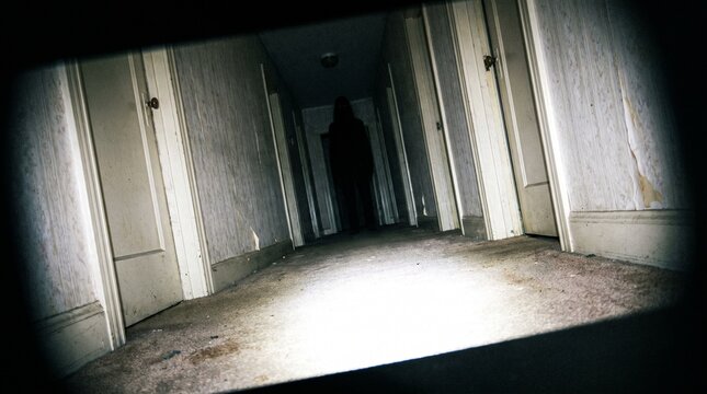 Disposable camera flash photo of house party with tall silhouette figure in dark hallway