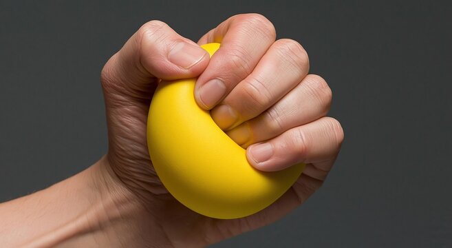 Stress relief exercise with a hand squeezing a yellow foam ball for grip strength rehabilitation and mental tension