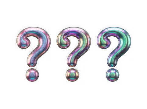 Three glossy iridescent question mark symbols with a metallic 3d gradient effect isolated on transparent background