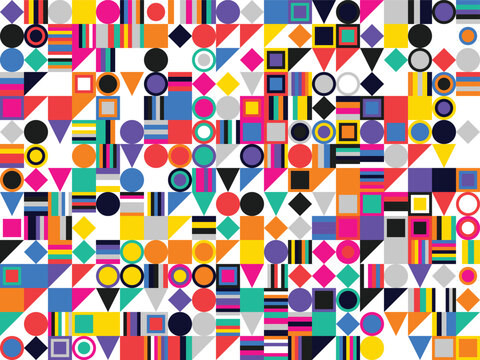 Modern bauhaus inspired pattern with flat geometric shapes on grey checkered backdrop for trendy editorial layout illustrations.
