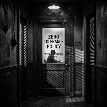Retro detective office door with Zero Tolerance Policy text and silhouette inside