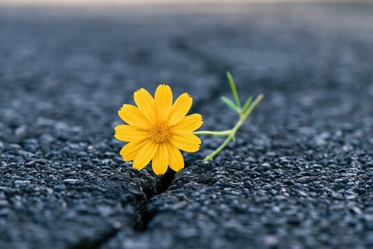 Flower yellow bloom growing through a crack in the gray asphalt road symbolizing resilience hope and nature growth