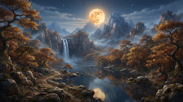 Cinematic Asian Mountain Landscape with Golden Moon, Waterfall and Autumn Trees