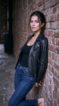 Full Three-Quarter Portrait of Barefoot Woman in Leather Jacket and Jeans