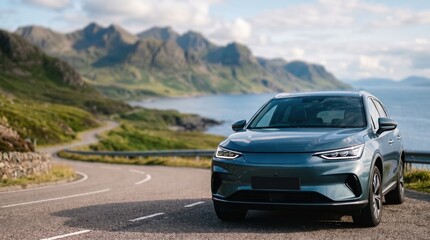 Fototapeta premium Electric SUV on scenic coastal road