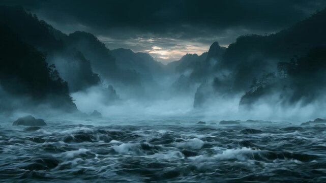 Epic dramatic rushing river rapids flowing through misty mystical mountain valley video
