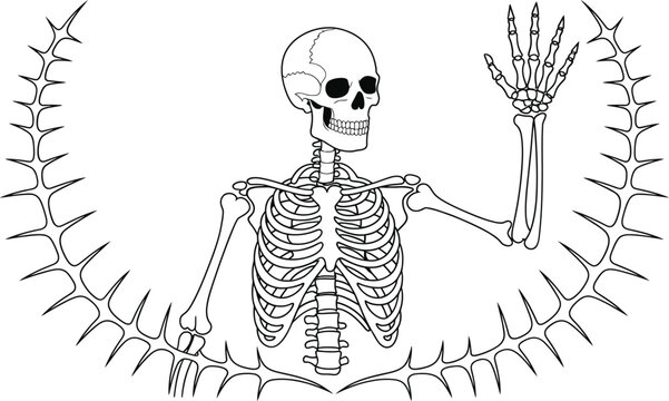 Human skeleton torso and skull raising one hand surrounded by thorn branches vintage line art illustration with rib cage spooky illustration gothic design dark art