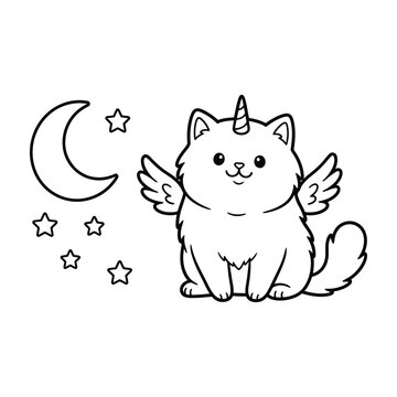 Cute caticorn with wings crescent moon and stars coloring page, magical winged kitten concept