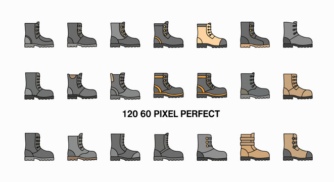 Pixel perfect vector illustrations of combat boots in various styles and colors